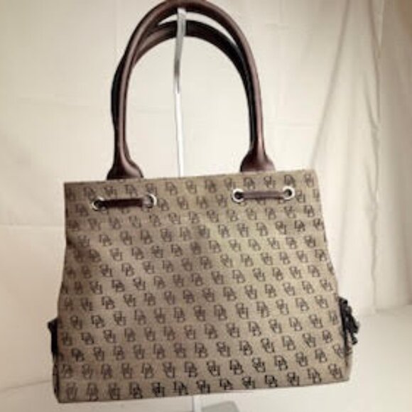 Dooney & Bourke Logo Canvas Satchel Brown Monogram, Leather Handles with Tassel - Picture 3 of 10